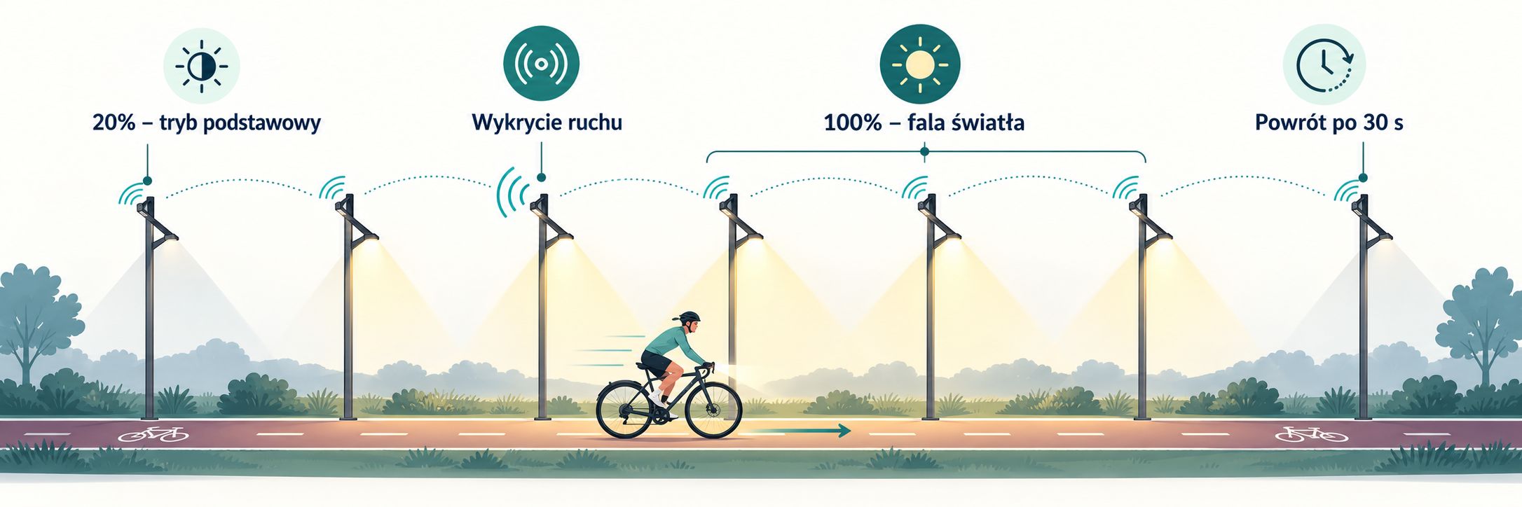 Działanie adaptacyjnego oświetlenia ścieżki rowerowej z bezprzewodową falą światła