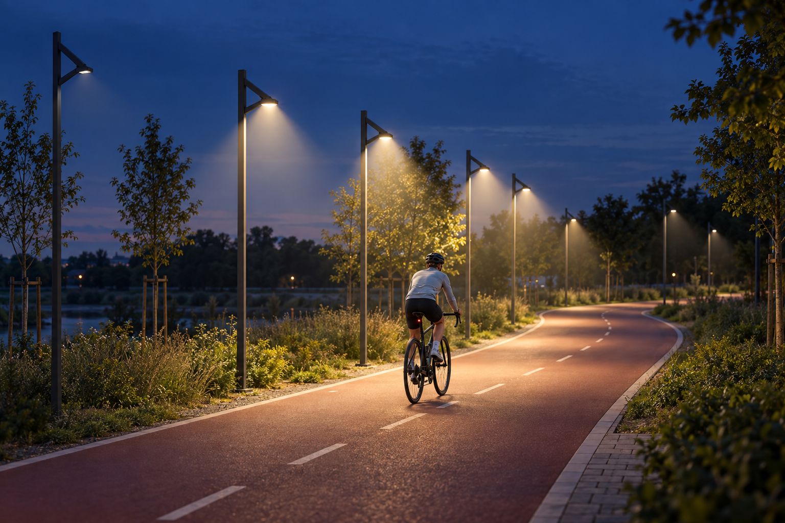 Bezprzewodowy system rozjaśnia wybrany odcinek trasy przed rowerzystą, podczas gdy pozostałe oprawy pracują z ograniczoną mocą